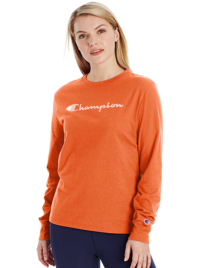 Champion T-Shirt Dames - Oranje - Classic Long-Sleeve Script Logo ( 394710-DKO )